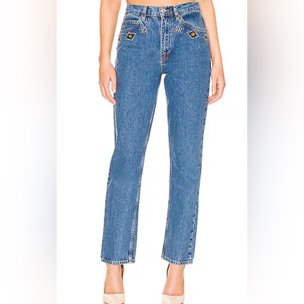 RE/DONE Originals 70s Straight Jeweled Stoned Indigo Jeans Size 25 Denim Cotton